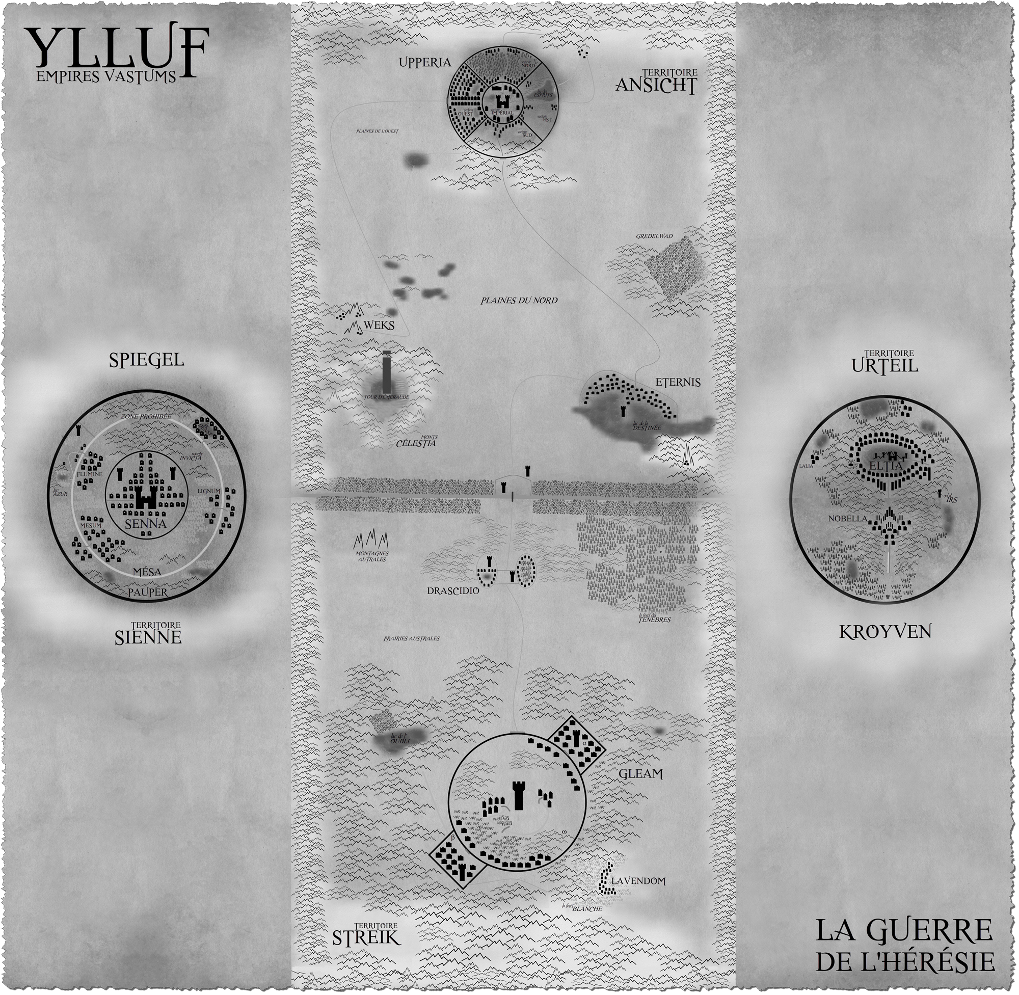Ylluf rassemble les territoires des Vastums : les empires Streik, Sienne, Ansicht et Urteil, entre fleuves, forêts et îles flottantes.